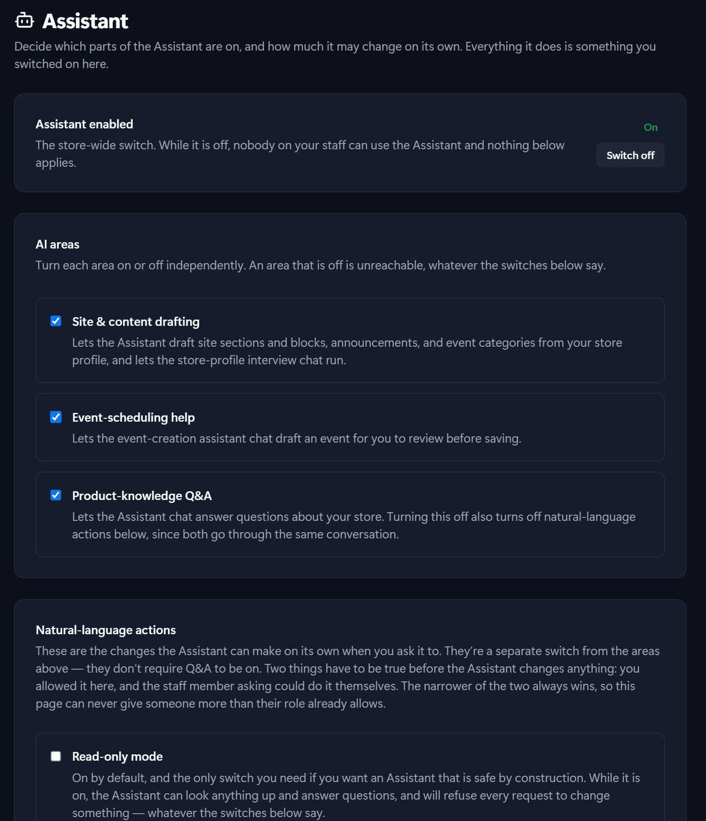 AI Assistant settings screen