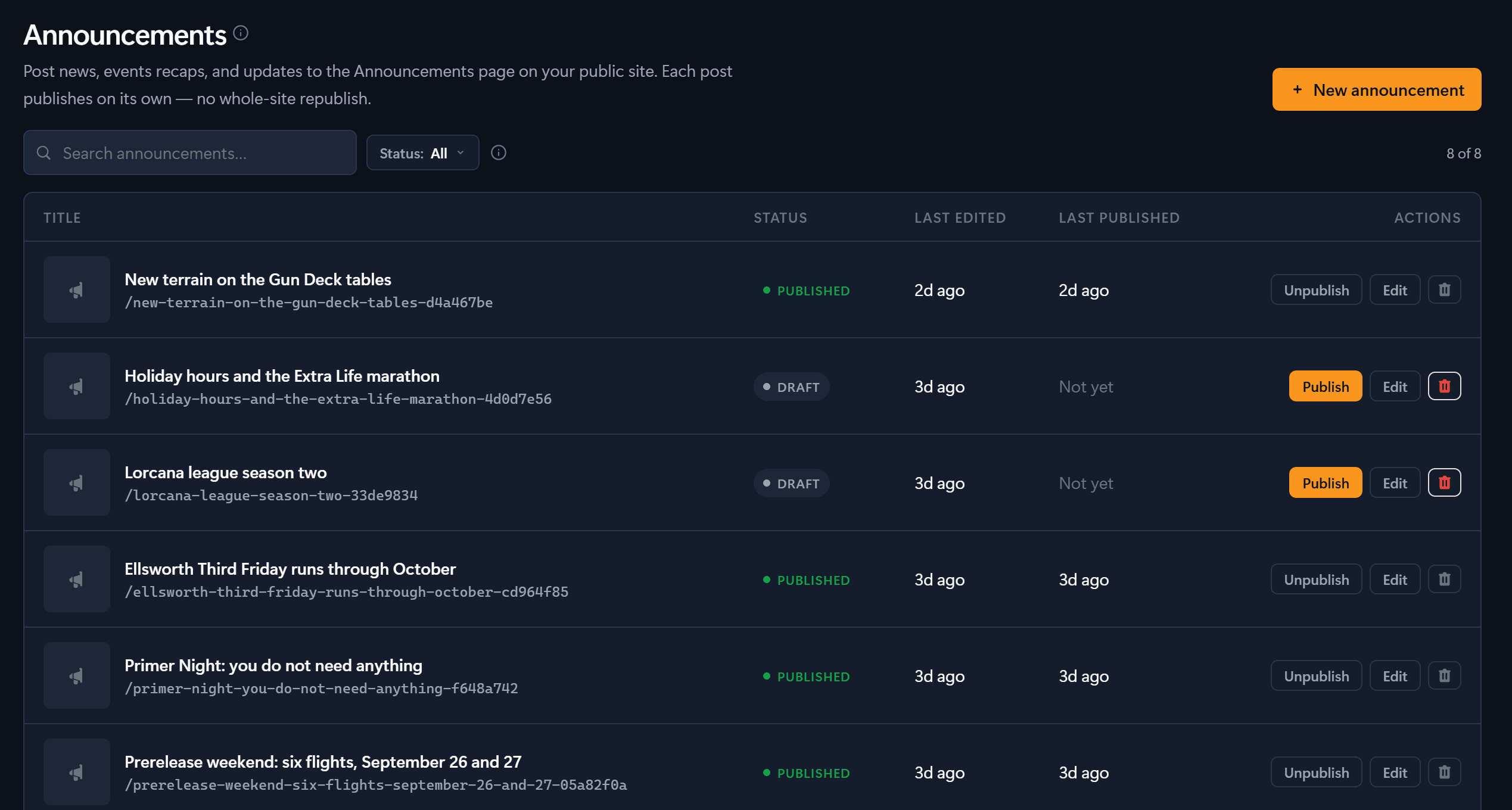 Announcements list screen