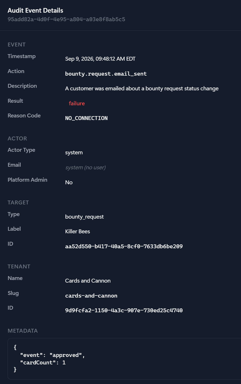 Audit log screen