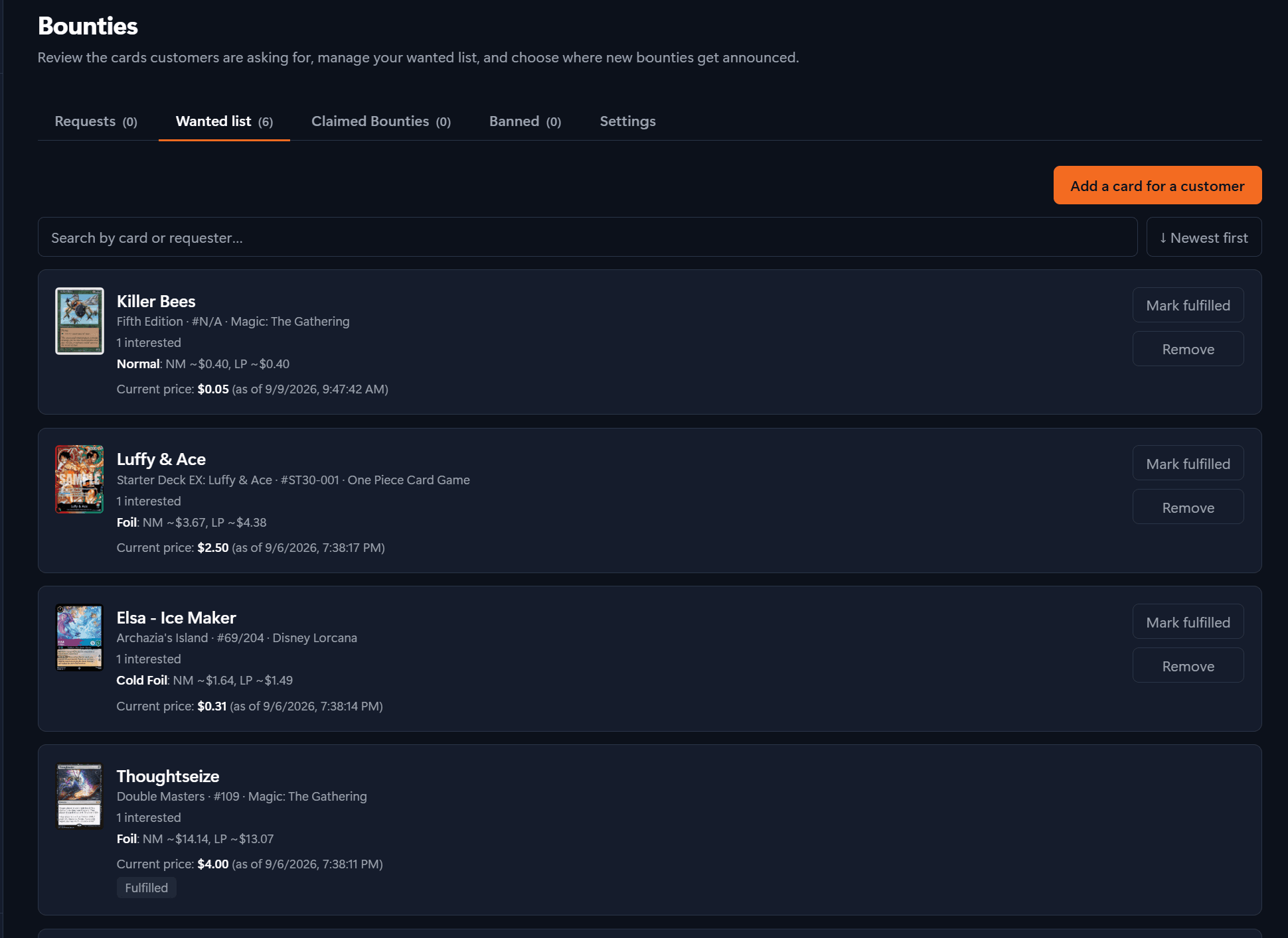 Bounties list screen