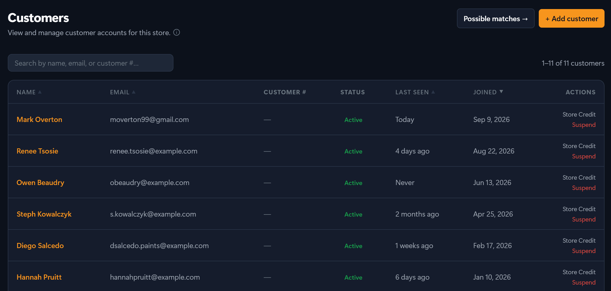Customer list screen