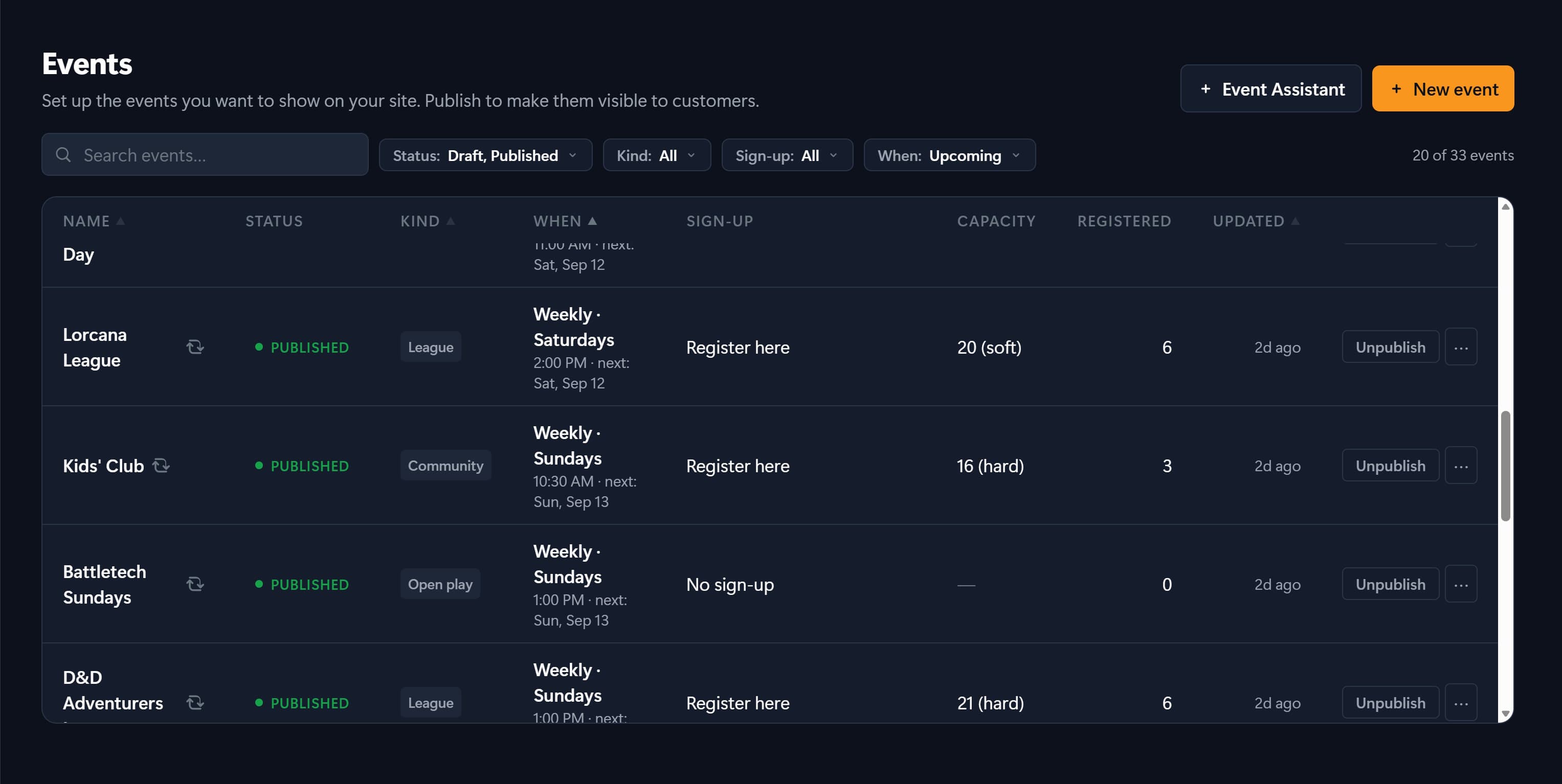 Events list screen