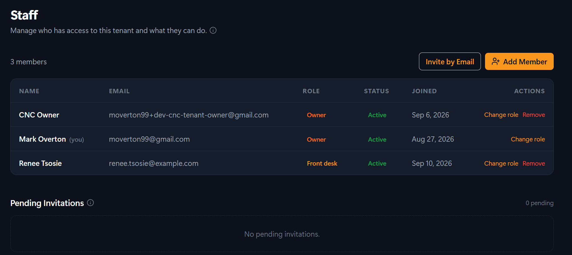Staff and permissions screen